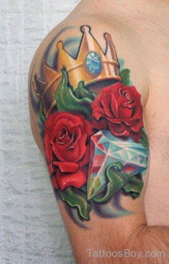 Crown And Rose Tattoo On Shoulder