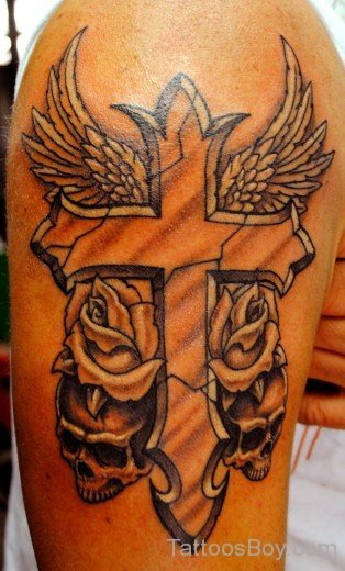 Fine Cross Tattoo With Wings