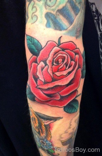 Gorgeous Red Rose Tattoo On Elbow