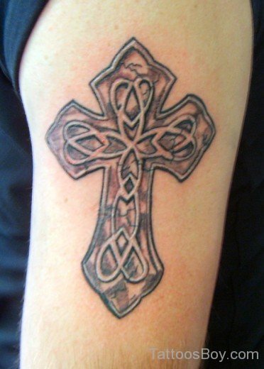 Fine Cross Tattoo On Shoulder