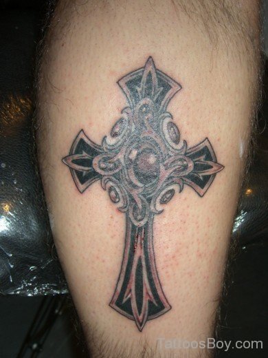 Nice Cross Tattoo Design On Leg