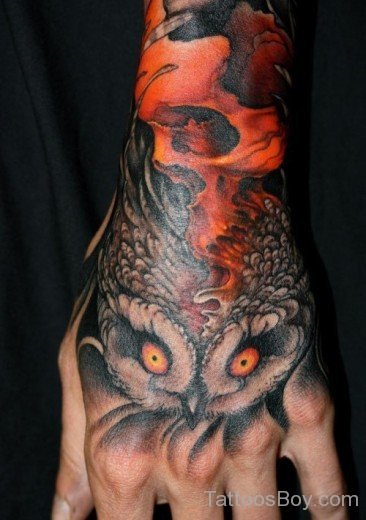 Amazing Owl Face Tattoo On Hand