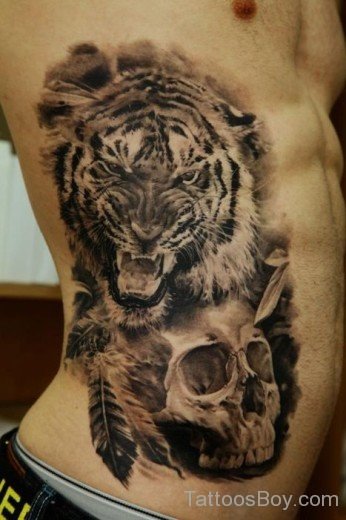 Tiger And Skull  Tattoo On Rib