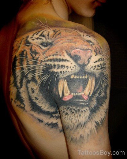 Tiger Face  Tattoo On Back Shoulder