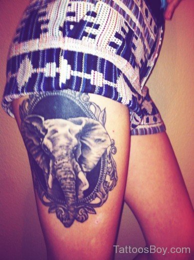Elephant Face Tattoo On Thigh