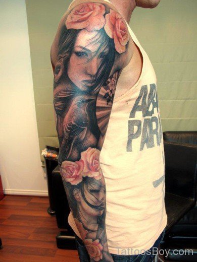 Girl Face Tattoo Design On Full Sleeve