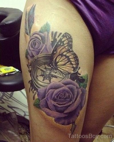 Rose And Butterfly Tattoo On Thigh