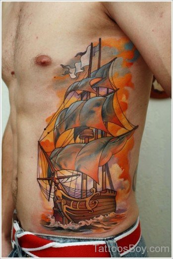 Ship Tattoo Design On Rib