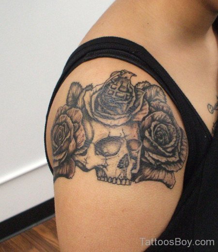 Skull And Rose Tattoo On Shoulder