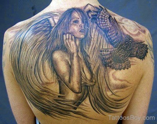 Angel And Owl Tattoo Design On Back