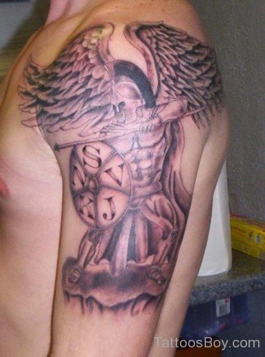 Angel And Warrior Tattoo On Shoulder