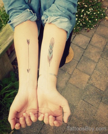 Arrow And Feather Tattoo On Arms