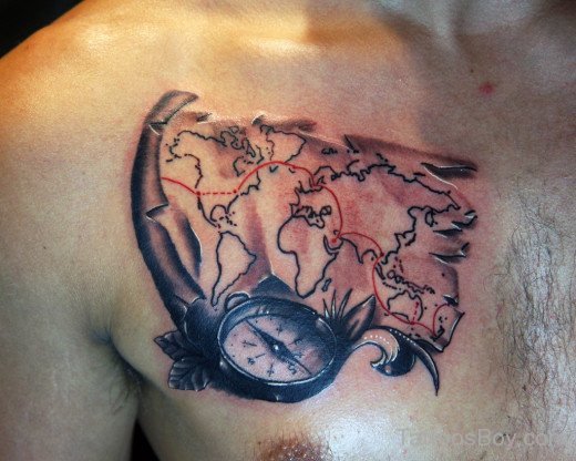 Compass And Map Tattoo On Chest
