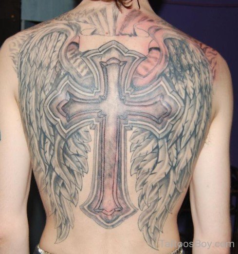 Cross And Wings Tattoo On Back