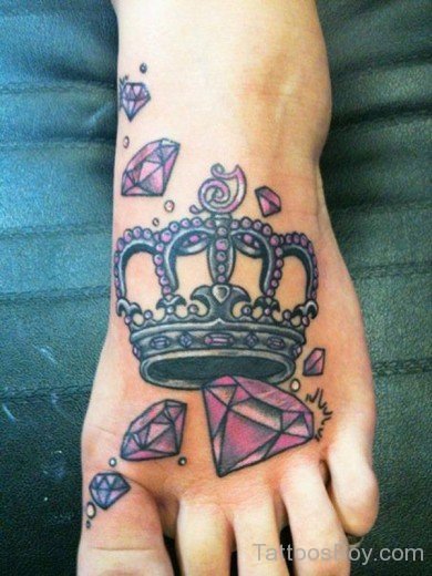 Crown And  Diamond Tattoo On Foot 