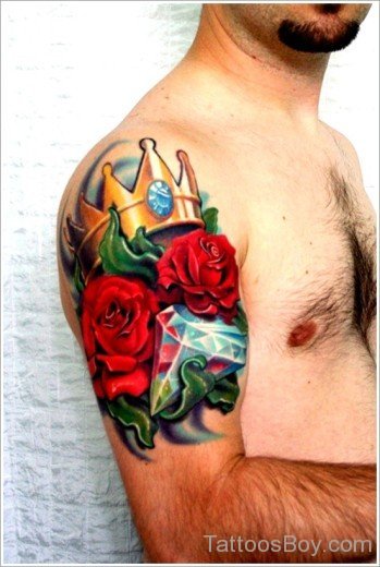 Crown And Rose Tattoo On Bicep