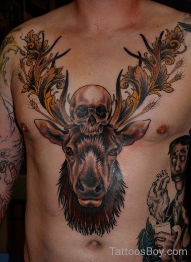 Deer And Skull Tattoo On Chest