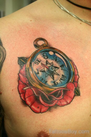 Flower And Compass Tattoo On Chest