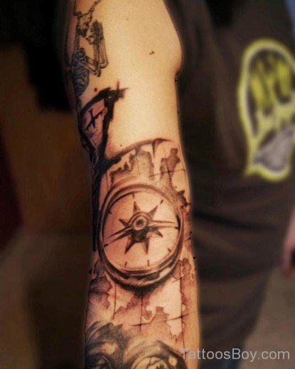 Map And Compass Tattoo On Full Sleeve