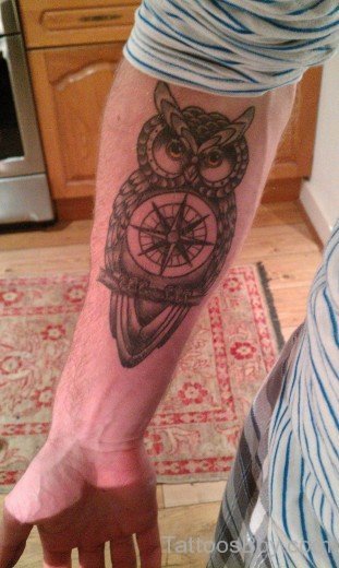 Owl And Compass Tattoo On Arm