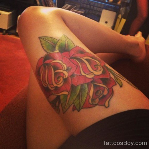 Red Flower Tattoo Design On Thigh