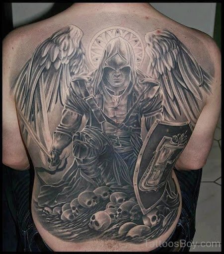 Warrior And Skull Tattoo On Back