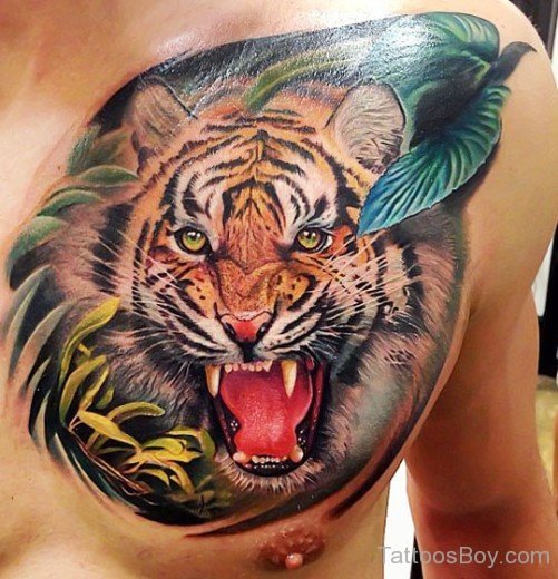 Angry Tiger Tattoo On Chest