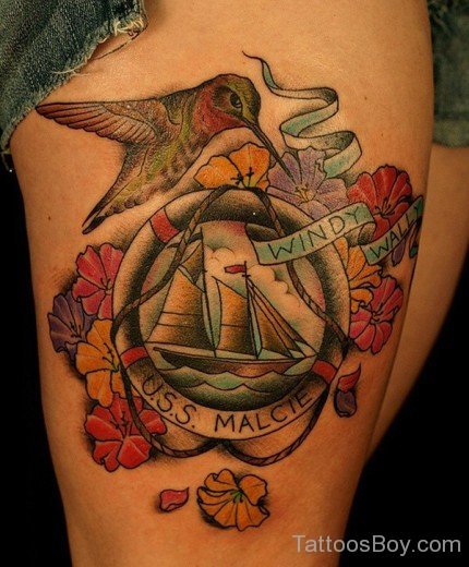 Boat And Bird Tattoo On Thigh