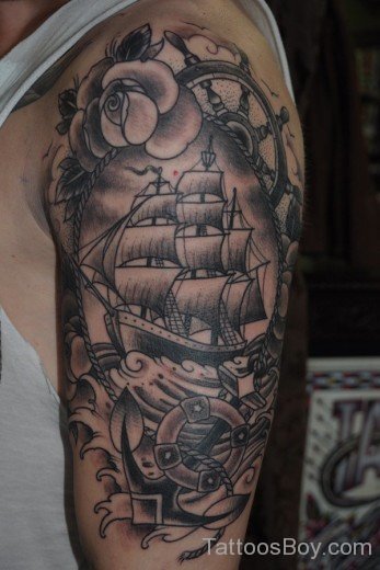 Ship  And Flower Tattoo