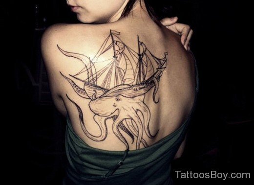 Boat And Octopus Tattoo On Back