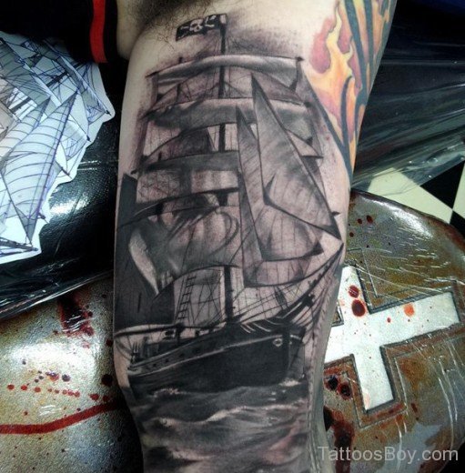 Ship Tattoo On Bicep