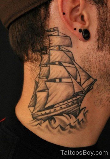 Ship  Tattoo On Neck
