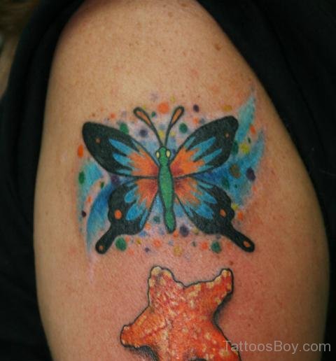 Butterfly And Starfish Tattoo On Shoulder
