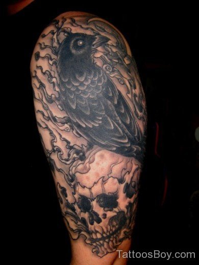 Crow And Skull Tattoo On Shoulder