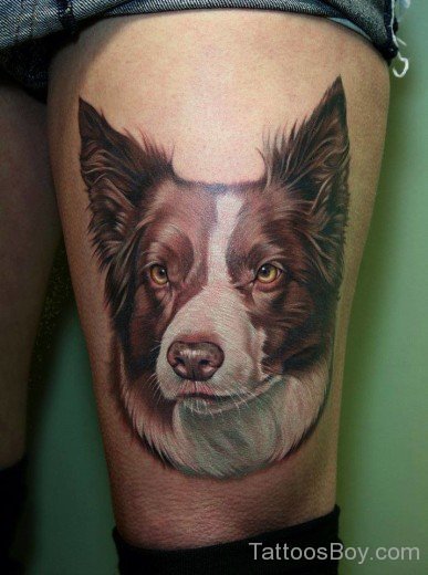 Dog Face Tattoo On Thigh