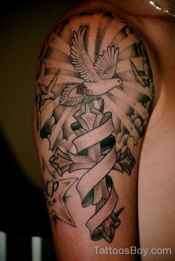 Dove And Cross Tattoo On Shoulder