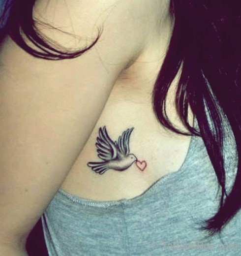Dove And Heart Tattoo On Rib 