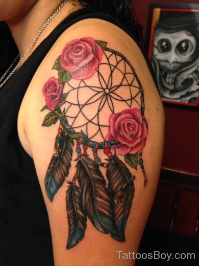 Dreamcatcher And Rose Tattoo On Shoulder