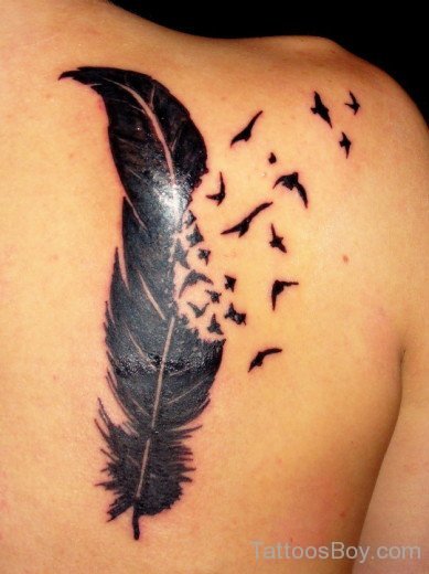 Feather And Bird Tattoo On Back