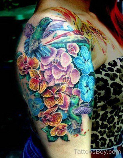 Hummingbird And Flower Tattoo On Shoulder