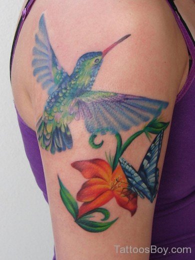 Hummingbird And Lily Tattoo On shoulder