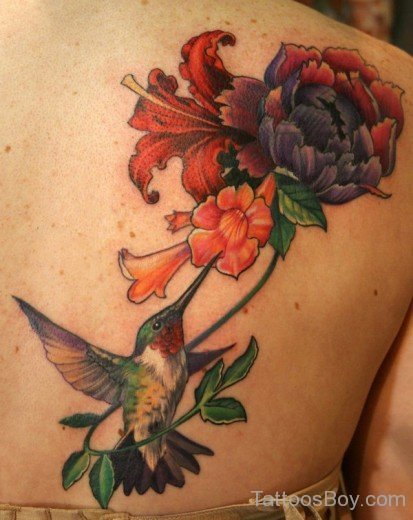 Hummingbird And Flower Tattoo On Back