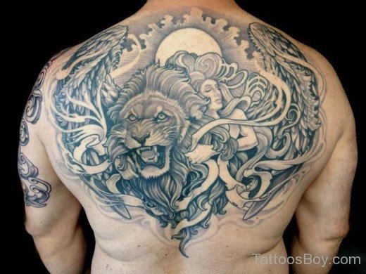 Lion And Angel Tattoo On Back