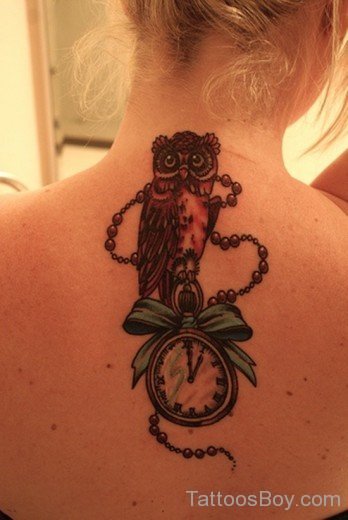 Owl And Compass Tattoo On Back