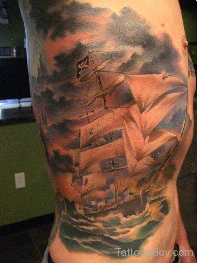 Pirate Ship Tattoo Design On Rib