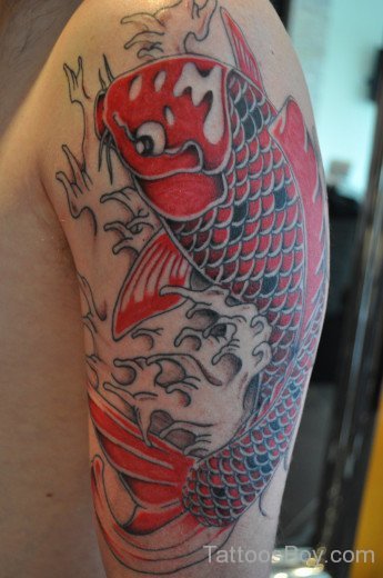 Red Koi Fish Tattoo On Shoulder