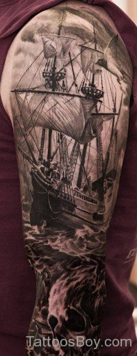 Ship And Skull Tattoo On Full Sleeve