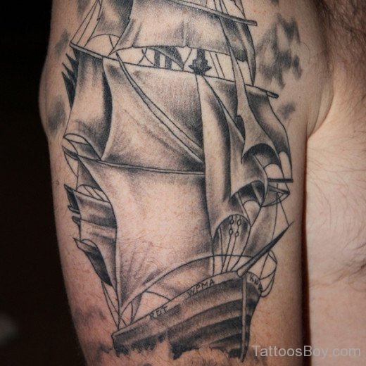Ship Tattoo On Shoudler