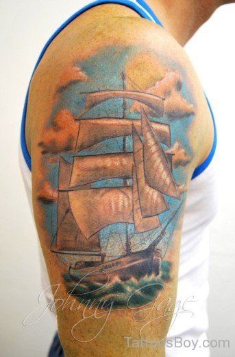 Ship Tattoo On Shoulder