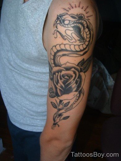 Snake And Rose Tattoo On Shoulder
